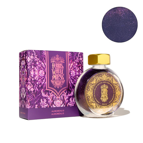 Ferris Wheel Press Aurorealis (Limited Edition 2024) fountain pen ink, 38ml, in a decorative glass bottle with gold accents and a shimmering deep purple hue.