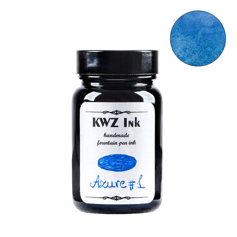 KWZ Ink Azure #1, 60ml handmade fountain pen ink, in a glass bottle. Circular swatch showcasing bright azure color, highlighting KWZ's unique dye-based formula.