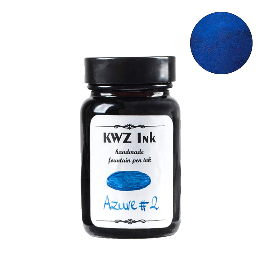 KWZ Ink Azure #2 fountain pen ink, 60ml jar, showcasing a deep blue swatch, emphasizing unique, handcrafted qualities from Desk Bandit's curated collection.