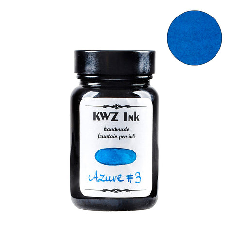 KWZ Ink Azure #3 - 60ml handmade fountain pen ink in a black glass bottle, featuring a bright azure swatch, highlighting unique, artisan-crafted ink properties.