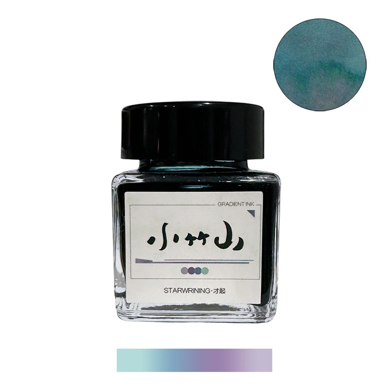 Starwriting Bamboo - 25ml gradient fountain pen ink in a glass bottle, showcasing a teal-to-purple swatch. Part of Collection Traced, known for smooth writing performance.
