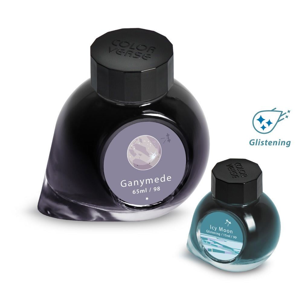 Ganymede & Icy Moon - 65ml + 15ml Set, shimmering fountain pen ink by Colorverse, includes teardrop bottles, showcasing metallic sparkle with writing.