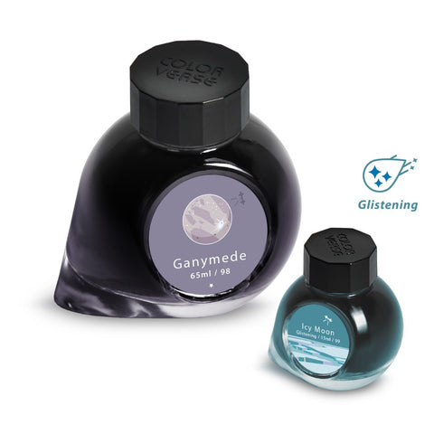 Ganymede & Icy Moon - 65ml + 15ml Set, shimmering fountain pen ink by Colorverse, includes teardrop bottles, showcasing metallic sparkle with writing.