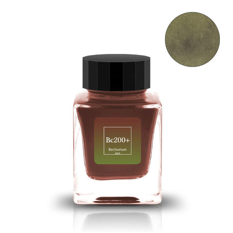 Tono & Lims Bechorium Ion - 30ml fountain pen ink in a square glass bottle with a black lid, showcasing a muted olive-brown/green swatch.
