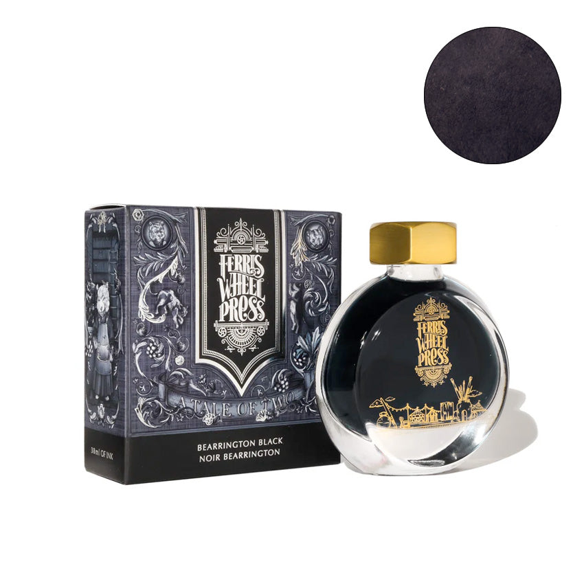 Bearrington Black - 38ml fountain pen ink by Ferris Wheel Press, in round glass bottle with decorative box and ink swatch, ideal for Desk Bandit's writing enthusiasts.