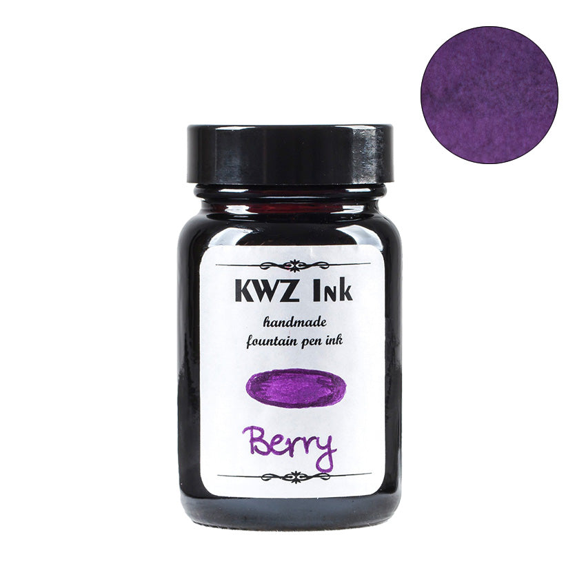 KWZ Ink Berry - 60ml dark-glass bottle, featuring handmade fountain pen ink with a rich purple hue, showcasing the brand's dedication to unique, handcrafted colors.