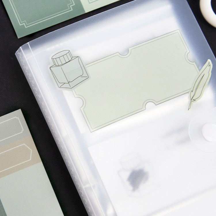 Wearingeul Ink Swatch Card Binder with frosted plastic cover, adorned with decorative sticky-note labels, includes 40-page slots for organizing fountain pen ink swatch cards neatly.