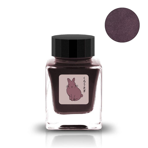 Tono & Lims Black Rabbit くろうさぎ fountain pen ink, 30ml bottle, featuring a cartoon rabbit label, dark brownish-purple dye-based ink, with black screw-on cap.