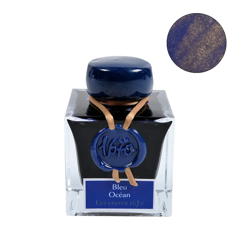Jacques Herbin Bleu Ocean (1670 Collection) fountain pen ink, 50ml in square glass inkwell with dark-blue wax seal and shimmering ocean-blue hue.