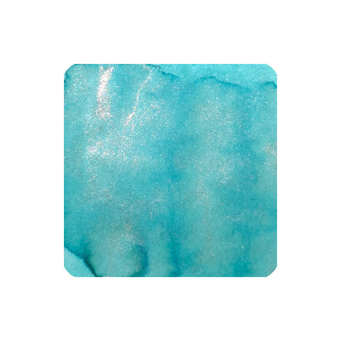 Dominant Industry Bleuze Hadancourt (Shimmer) fountain pen ink, 25ml, with aqua watercolor wash and metallic shimmer flecks, ideal for vibrant, textured writing.