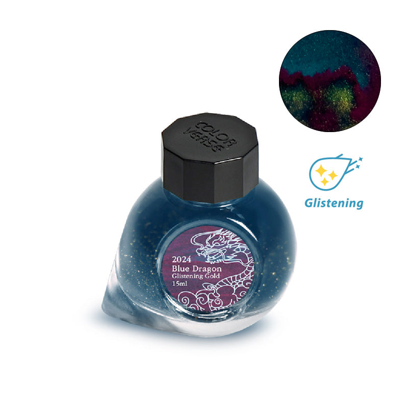 Colorverse 2024 Blue Dragon (Glistening Gold) fountain pen ink, 15 ml glass bottle, teal-blue with gold shimmer, featuring a dragon motif label.