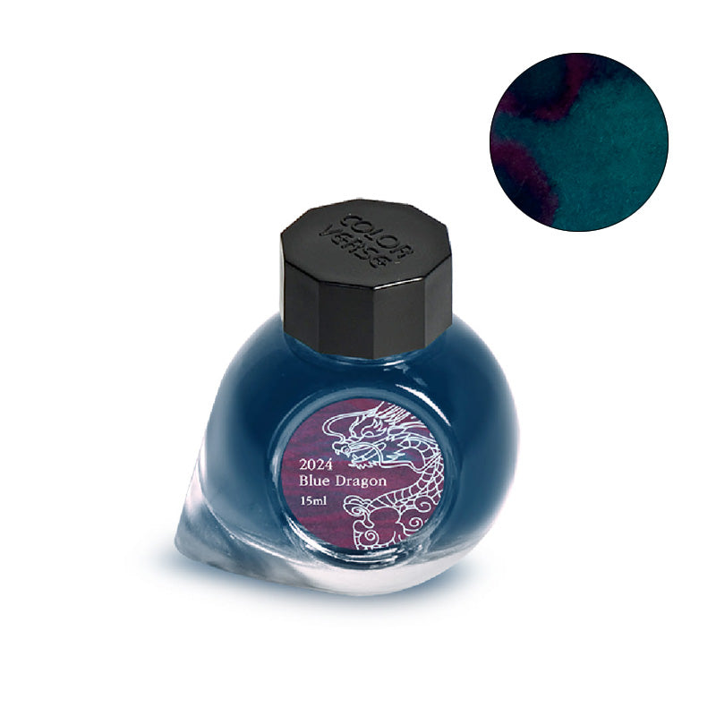 Colorverse 2024 Blue Dragon fountain pen ink, 15ml bottle with teal-blue ink and dark purplish sheen, featuring a dragon motif on the label.