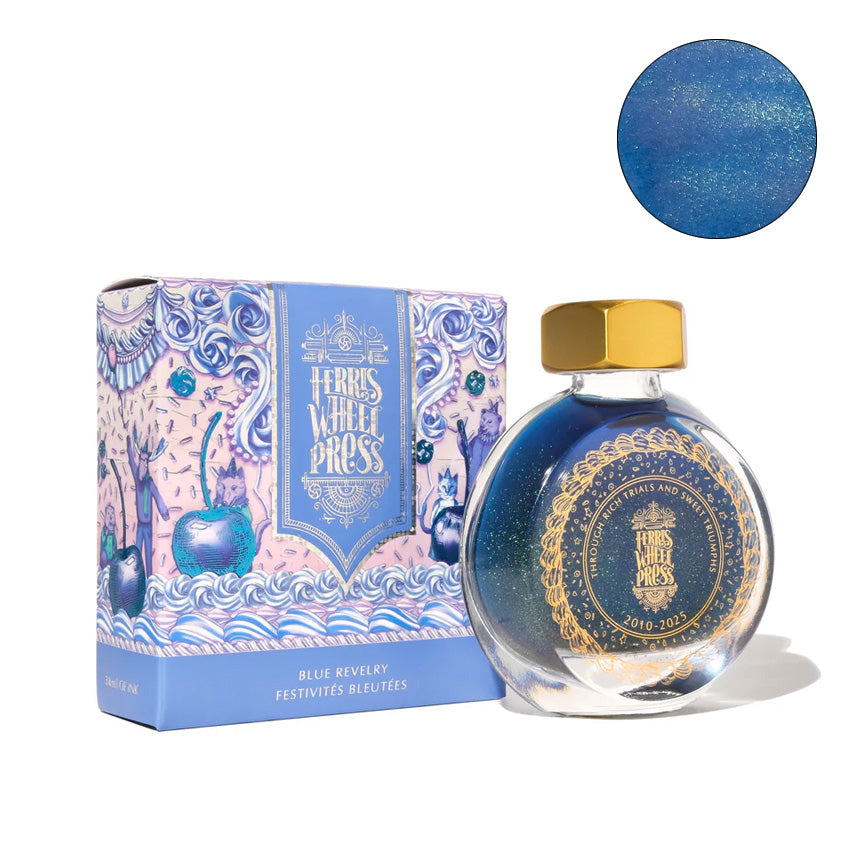 Ferris Wheel Press Blue Revelry Limited Edition 2025, 38ml fountain pen ink, in a round glass bottle with a gold-tone cap and decorative box.