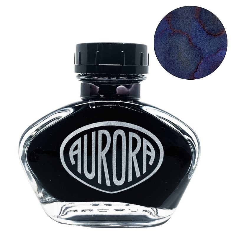 Aurora 100th Anniversary - Blue Black (55ml) fountain-pen ink in a glass bottle, features deep blue ink with a red sheen in a round swatch inset.