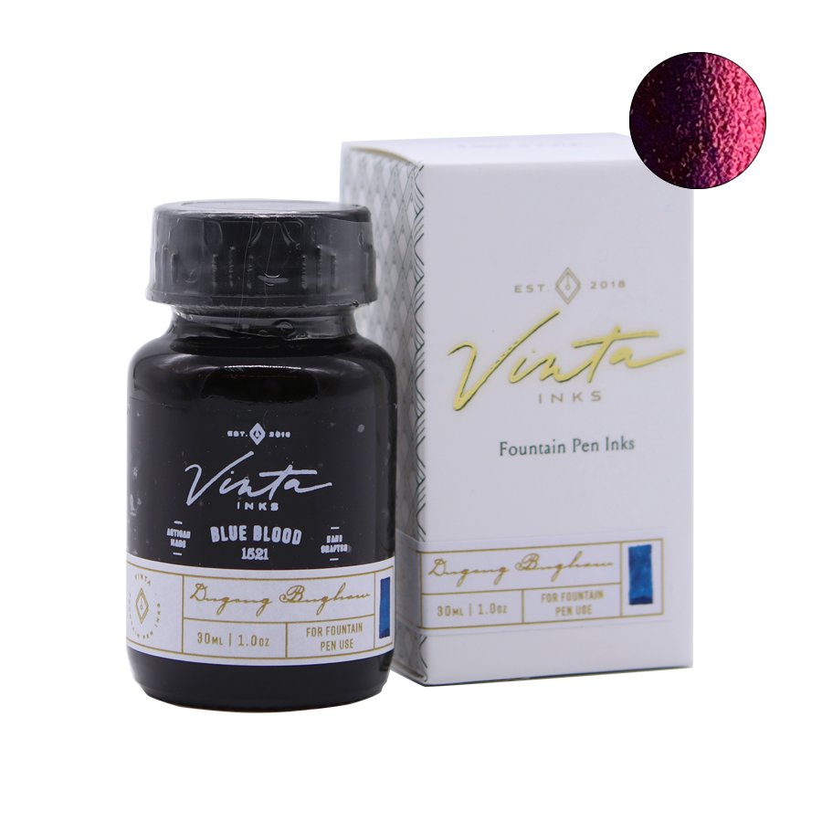 Vinta Inks Blue Blood (Dugong Bughaw 1521) 30ml bottle with black cap, white-gold label, alongside matching retail box displaying Vinta logo and product details.