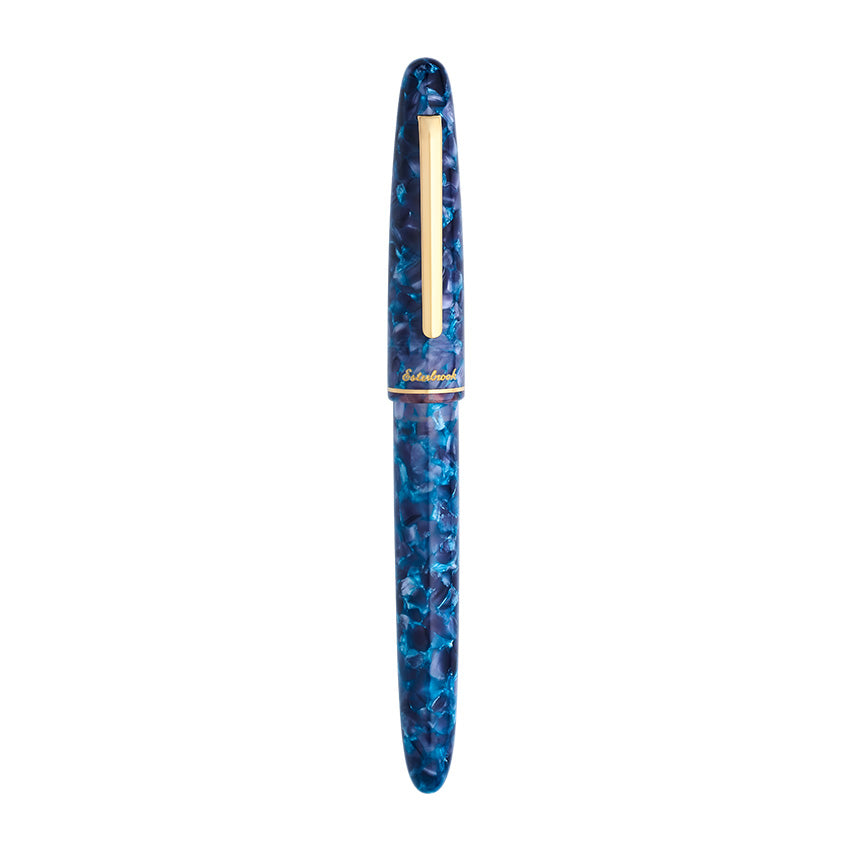 Esterbrook Estie - Blue Moon / Gold - Fine fountain pen with blue-marbled resin body, gold-tone accents, and visible branding on the cap band.