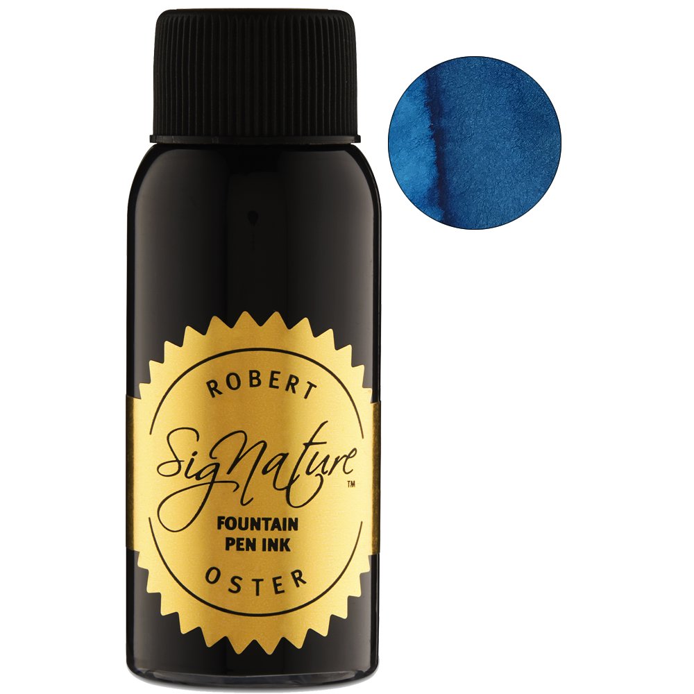 Bottle of Robert Oster Signature fountain-pen ink in Bass Straight - 50ml, featuring a gold label and vibrant blue ink swatch.