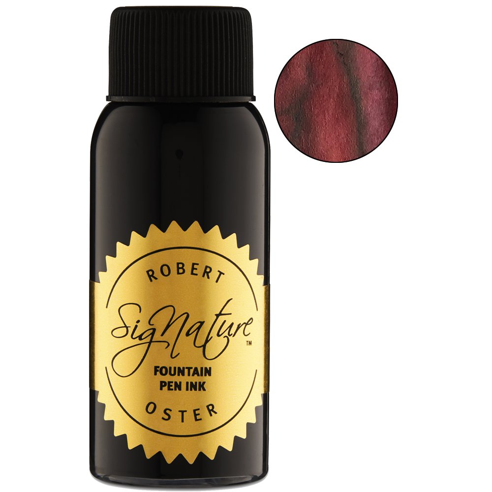 Lipstick Red - 50ml Robert Oster Signature fountain-pen ink in a black glass bottle with a gold-foil label and color swatch inset.