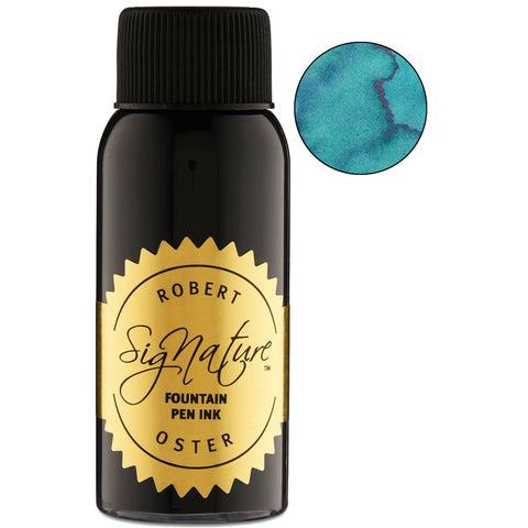 Robert Oster Signature Ink Marine - 50ml bottle with gold label, black cap, and visible teal swatch showcasing the unique dye-based ink.