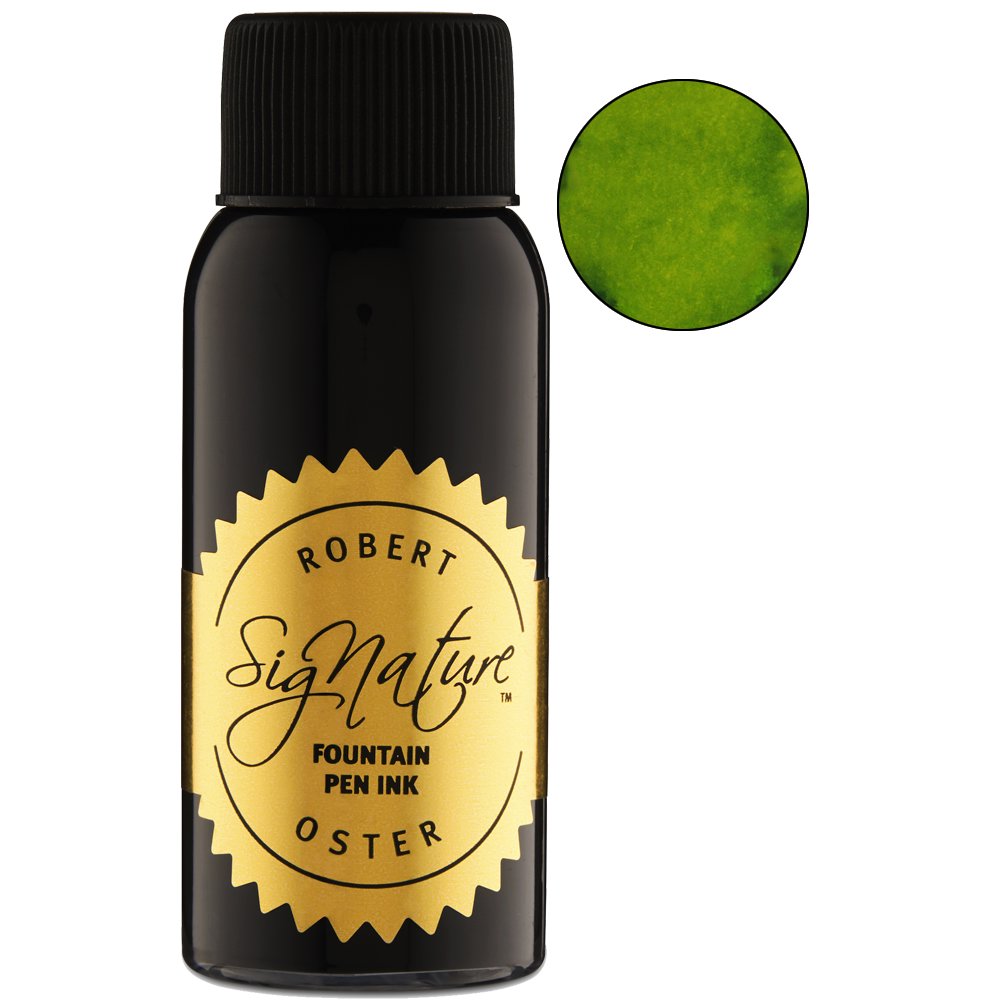 Robert Oster Signature Ink Sublime - 50ml black-glass bottle with gold label, shown with a circular swatch of bright grassy green ink.