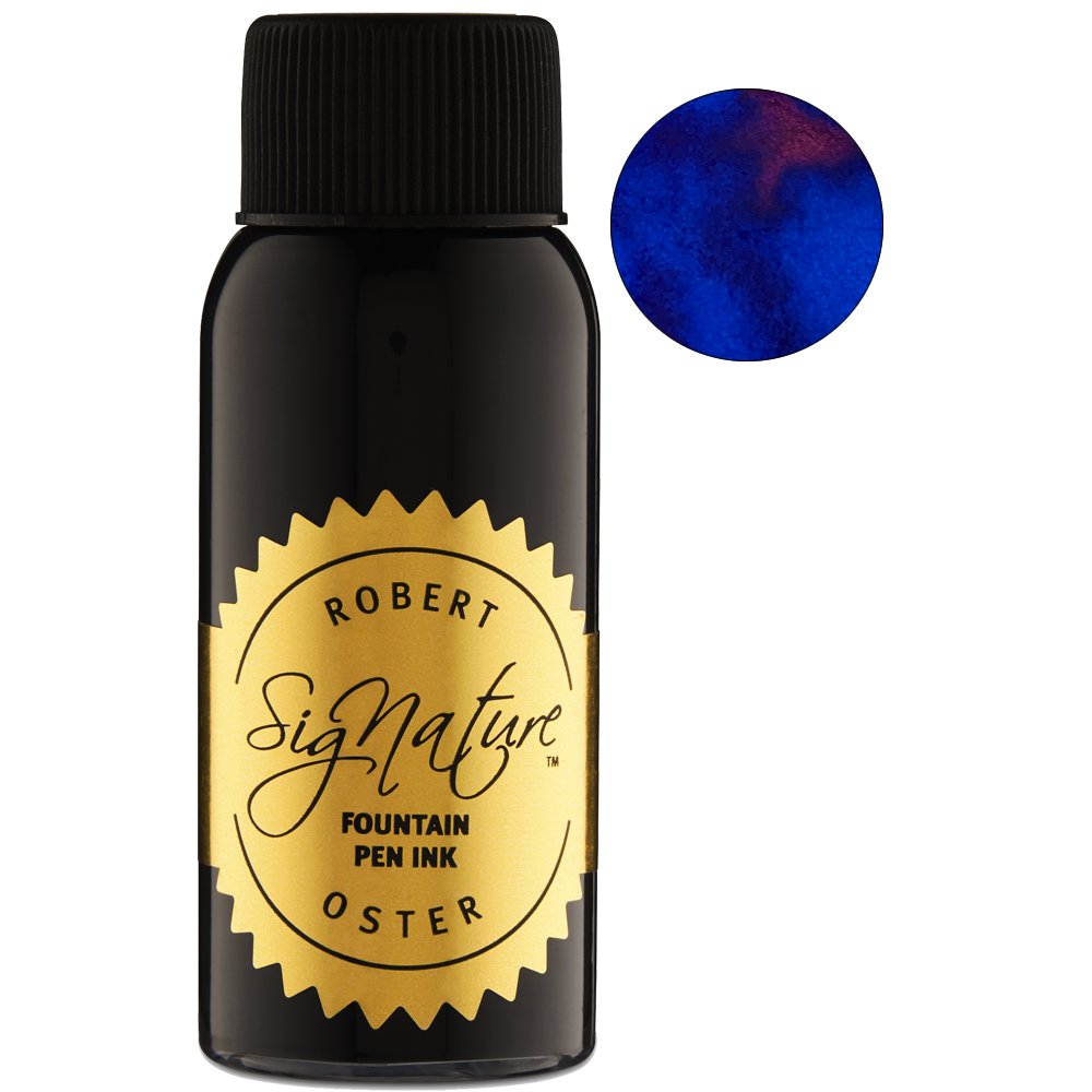 Robert Oster Signature ink sample, True Blue - 2ml, displayed with a swatch of its deep blue color, inspired by South Australia's wine regions.