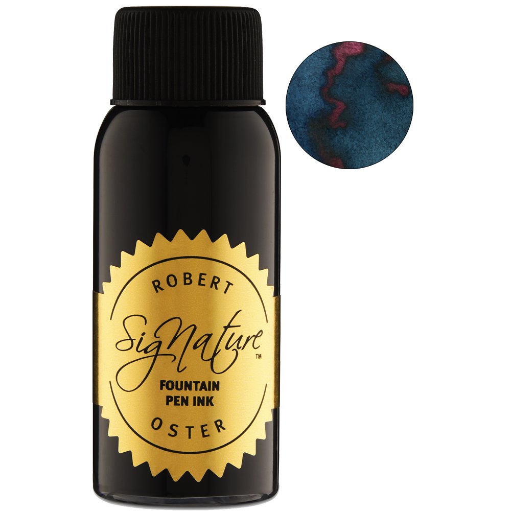 Robert Oster Signature Velvet Storm ink, 50ml bottle with gold label, displayed with a teal-blue ink swatch featuring a red sheen.