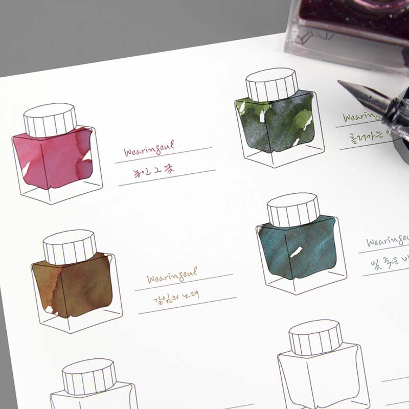 Wearingeul Impression Ink Swatch Sheets with ink bottle sketches and fountain pen nib, showcasing their fountain pen-friendly paper for capturing ink characteristics.