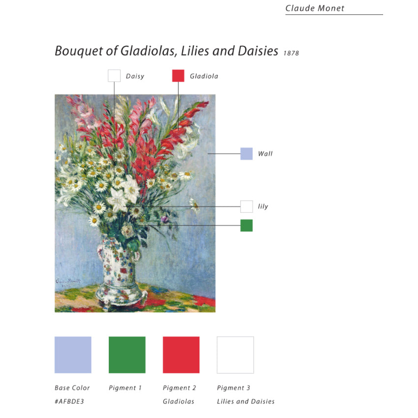 Bouquet of Gladiolas, Lilies and Daisies ink by Tono & Lims, displayed with Monet's painting color breakdown. Part of the 'Respect Collection'.
