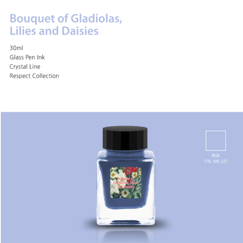 Bouquet of Gladiolas, Lilies and Daisies (Pigment) - 30ml ink in a clear glass bottle with a floral label, part of Tono & Lims' Respect Collection.
