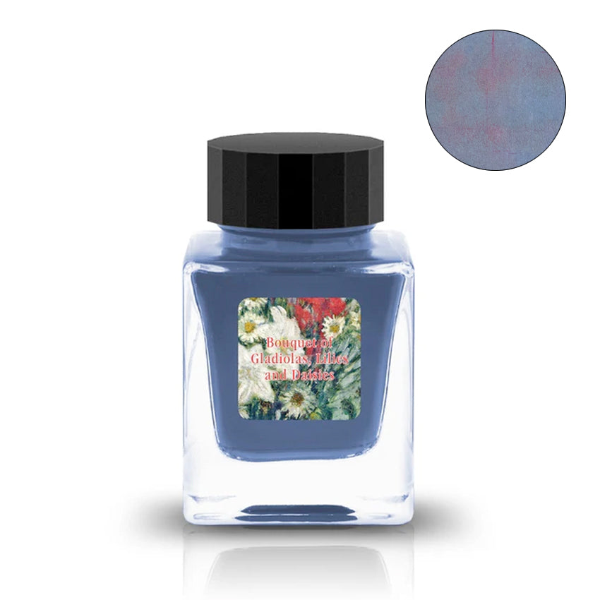 Square glass bottle of Bouquet of Gladiolas, Lilies and Daisies (Pigment) ink, pale blue with a pink sheen, by Tono & Lims, 30ml.