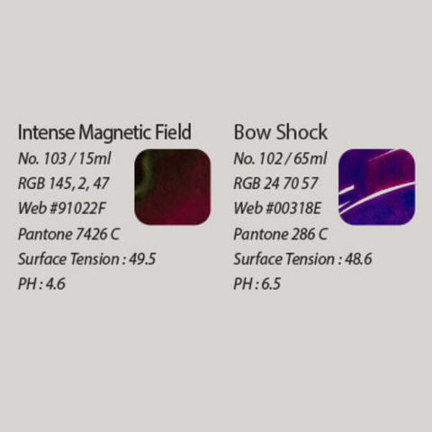 Bow Shock & Intense Magnetic Field 2ml fountain pen ink set, showcasing Colorverse's plant-based quality, with detailed color and physical properties from Desk Bandit's curated collection.