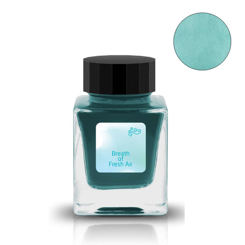 Tono & Lims Breath of Fresh Air fountain pen ink, 30ml bottle with teal-aqua dye, features a black cap and wind-themed label from the Breeze Symphony series.
