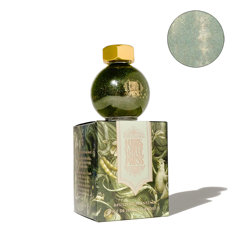 Ferris Wheel Press Brilliant Beanstalk fountain pen ink in a 20ml glass globe with gold cap, shown on its illustrated box.