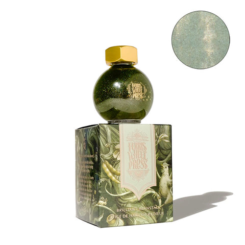 Ferris Wheel Press Brilliant Beanstalk fountain pen ink in a 20ml glass globe with gold cap, shown on its illustrated box.
