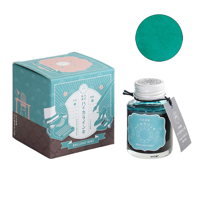 Brilliant Mint fountain pen ink by Teranishi, 40ml, in a vintage-inspired box with Japanese illustrations, showcasing a vibrant mint-green hue.