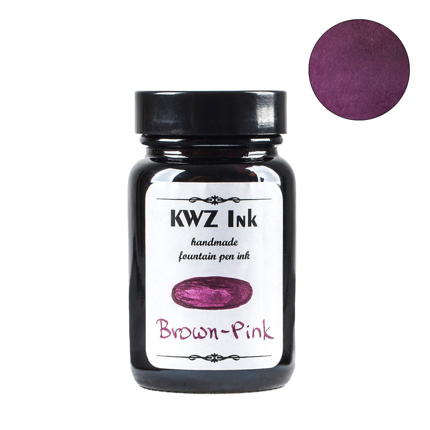 KWZ Ink Brown Pink fountain pen ink, 60ml glass bottle with ink swatch showing the unique brown-pink hue. Handmade with distinct writing properties.
