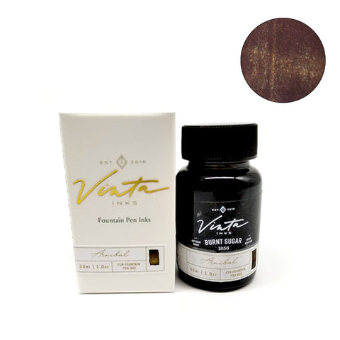Vinta Inks Burnt Sugar (Arnibal 1856) 30ml fountain pen ink, showcasing warm brown color with gold shimmer, inspired by Filipino sugar syrup tradition.