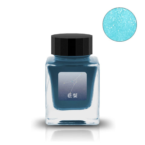 Tono & Lims Cancer (Shimmer) fountain pen ink, 30ml bottle, featuring a Cancer constellation label and light blue-green shimmering color swatch.