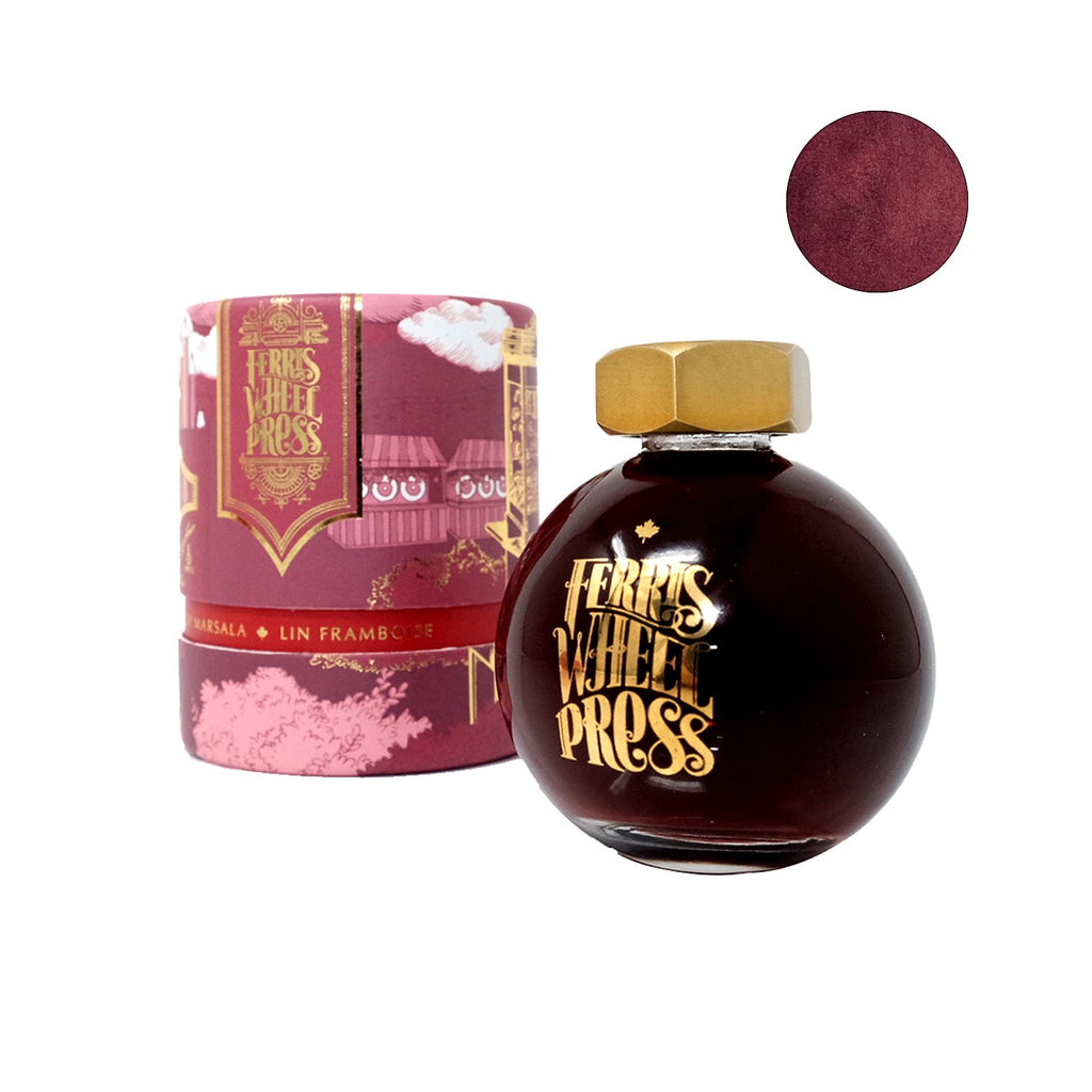 Candy Marsala - 85ml bottle; globe-shaped glass with brass cap, gold logo, in a deep red illustrated box, includes ink color swatch.