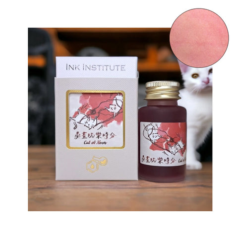 Ink Institute Cat at Noon fountain pen ink, 30ml bottle, featuring a playful cat label. Warm pink-coral hue. Part of the Cats Daily series, ideal for fountain pens.