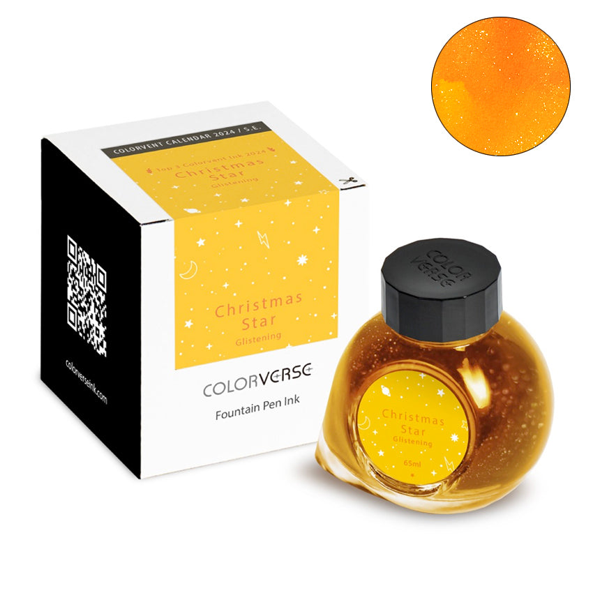 Colorverse Christmas Star (Glistening) fountain pen ink — 65ml bottle with gold shimmer, shown with packaging and ink swatch from the 2024 Colorvent Calendar.
