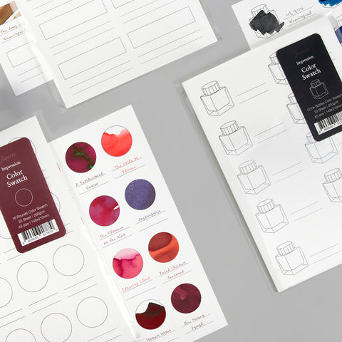 Wearingeul Impression Ink Swatch Sheets (Round) for fountain pen ink, featuring outlines for color samples in plastic sleeves, ideal for artists' color organization.