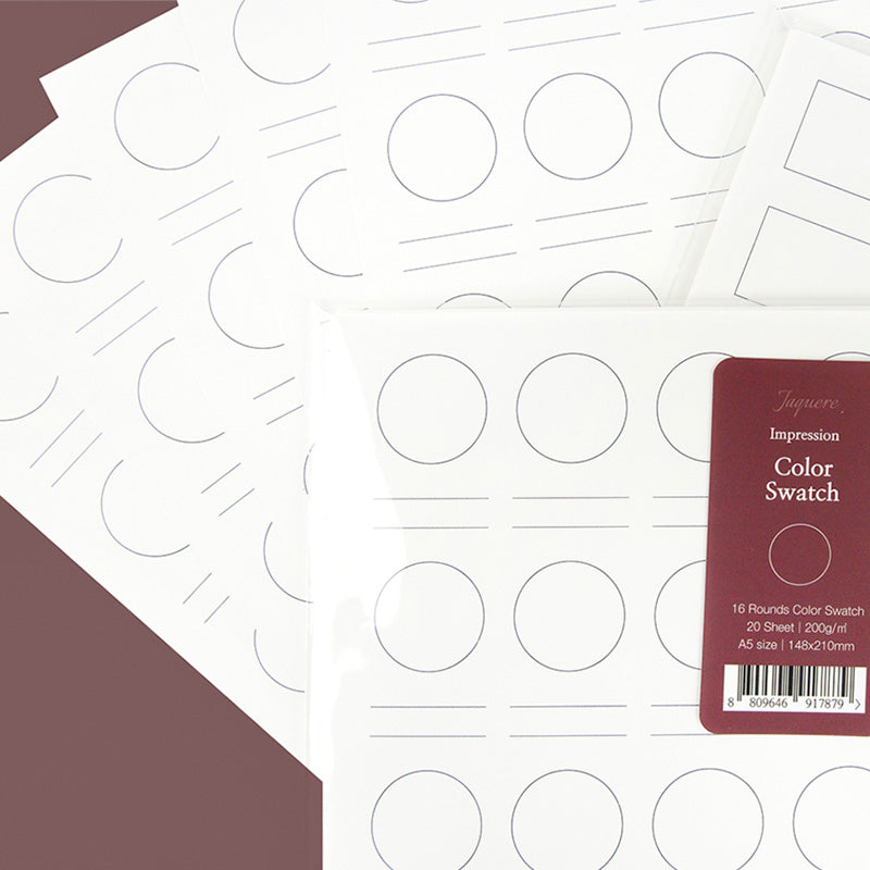 Wearingeul Impression Ink Swatch Sheets (Round), pack of 20 A5 sheets with 16 swatch circles each, crafted for fountain pen ink testing on 200gsm paper.
