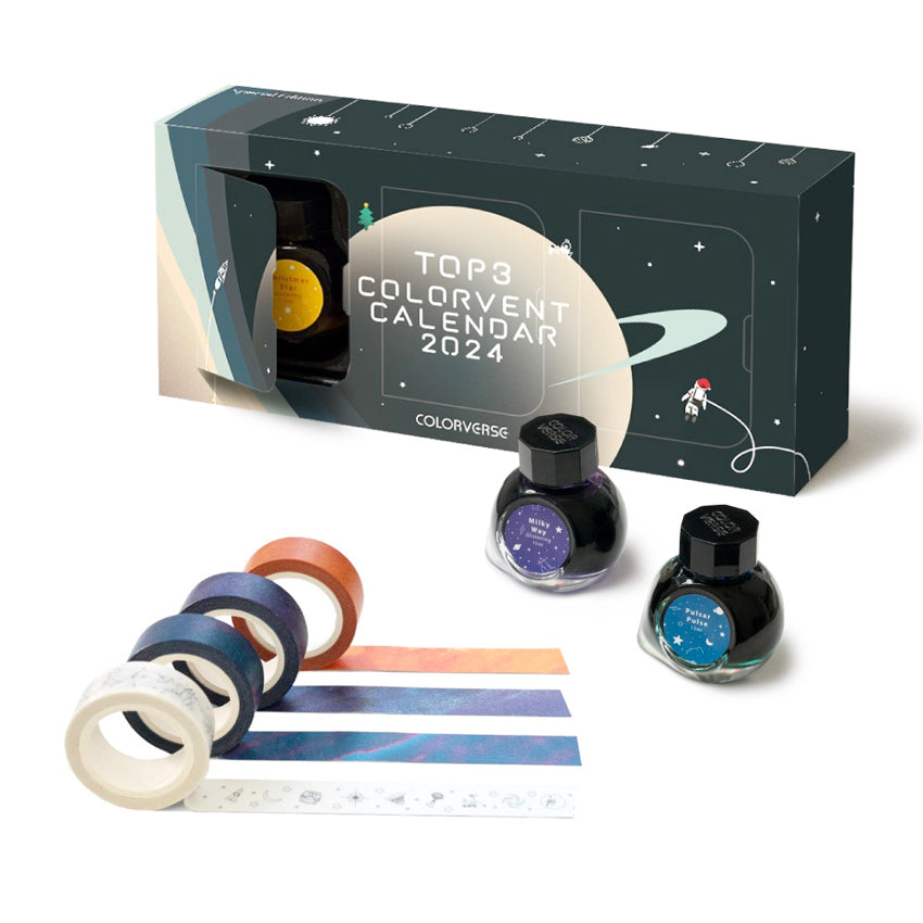 Colorverse Top3 Colorvent Calendar 2024 set with two fountain pen inks, Pulsar and Milky Way, plus five space-themed washi tapes. Ideal for stationery enthusiasts.