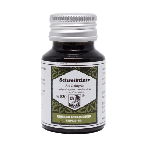 Rohrer & Klingner Alt-Goldgrun - 50ml fountain-pen ink in a small glass bottle, featuring a classic label with German craftsmanship, ideal for writing or painting.