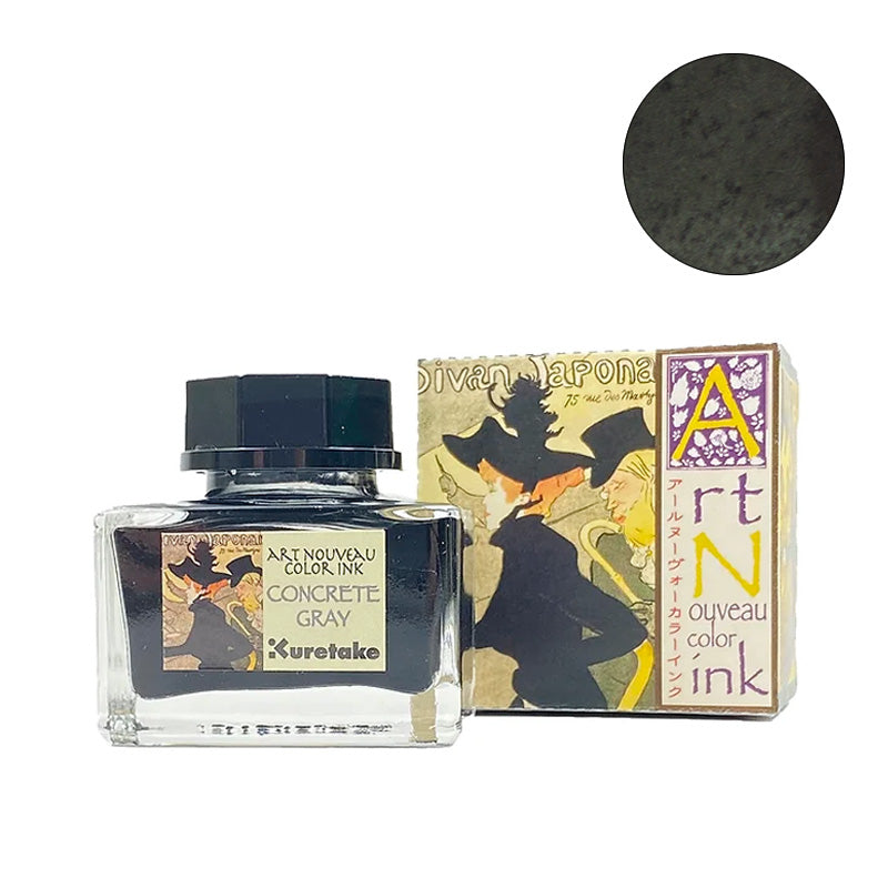 Kuretake Art Nouveau fountain pen ink, Concrete Gray, 20ml, shown with illustrated packaging and ink swatch, suitable for various pens.