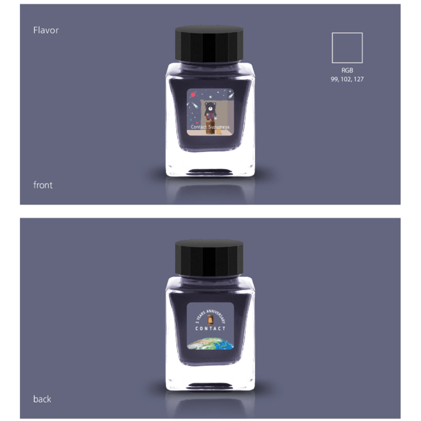 Contact Suzumeya (Scented) - 30ml ink bottle featuring a cartoon bear in space on the front and Earth graphic on the back, by Tono & Lims.