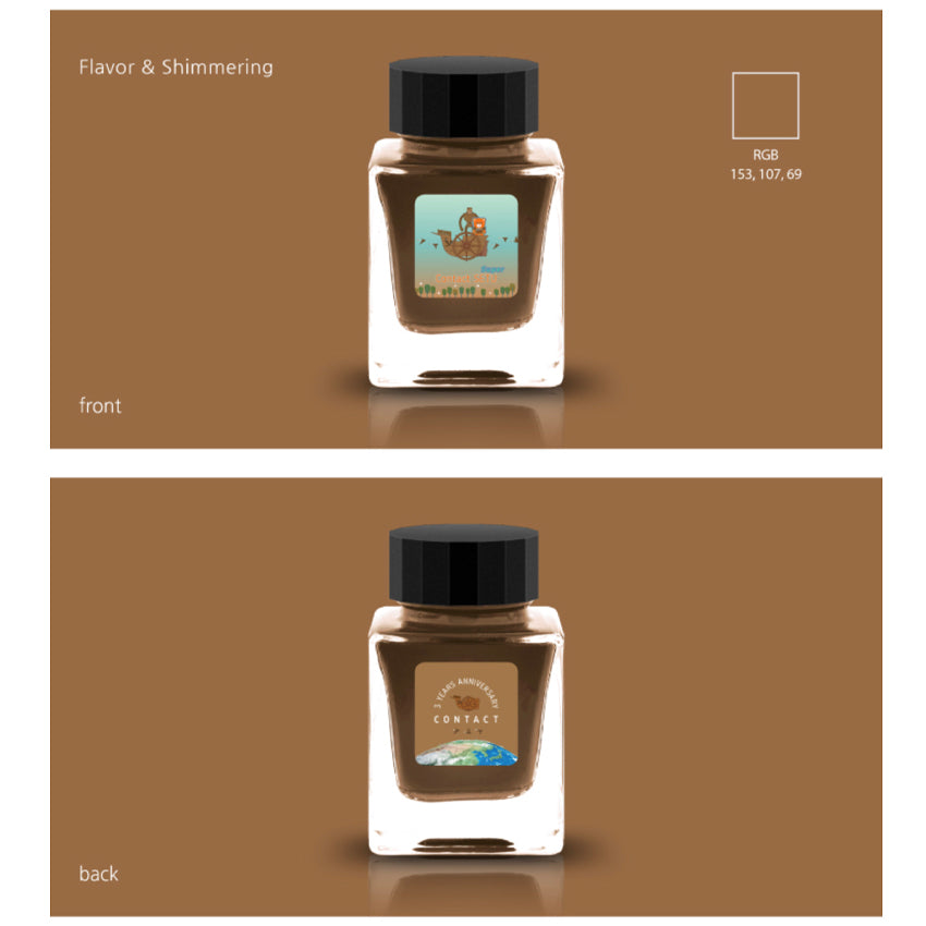 Contact Super Setsu (Shimmer, Scented) - 2ml ink sample, featuring a square glass bottle with front and back labels showcasing artistic designs and anniversary markings.