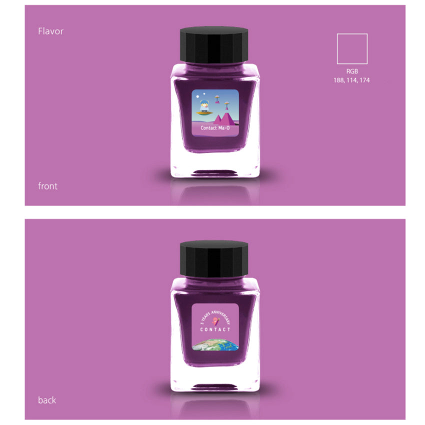 Contact Ma-O (Scented) - 30ml square glass bottle with alien-themed label, celebrating Tono & Lims' 5th anniversary. Front shows purple ink swatch; back displays Earth and rocket icon.