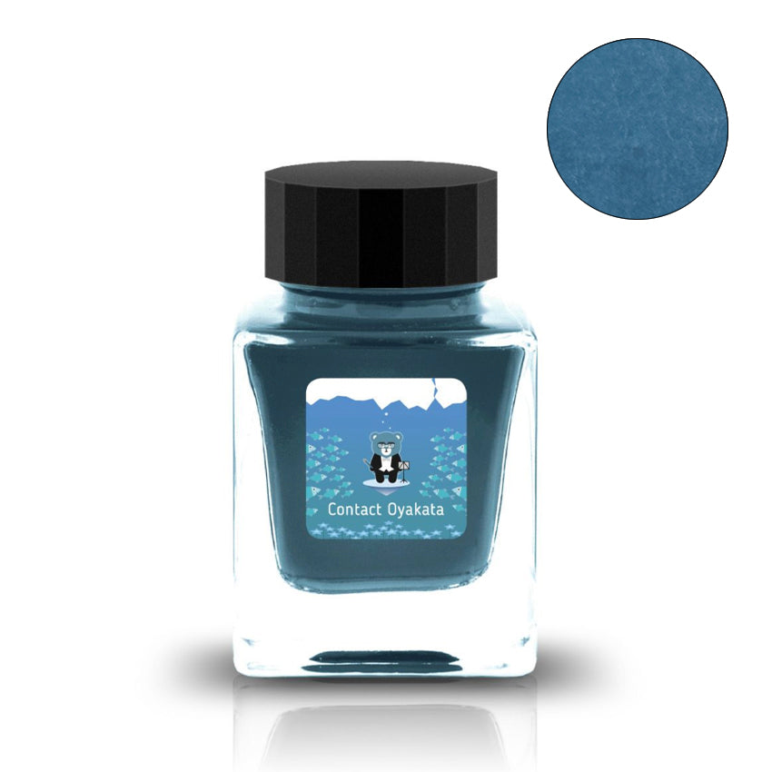 Contact Oyakata (Scented) - 30ml fountain-pen ink bottle featuring a tuxedo-clad bear underwater, with muted teal-blue ink swatch in the top-right corner.